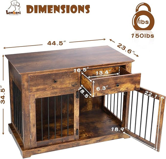 LEMBERI 44 Inch Large Dog Crate Furniture, Wooden Dog Kennel End Table with Storage Drawers, Decorative Pet Cage Dog House Indoor for Dogs, Brown