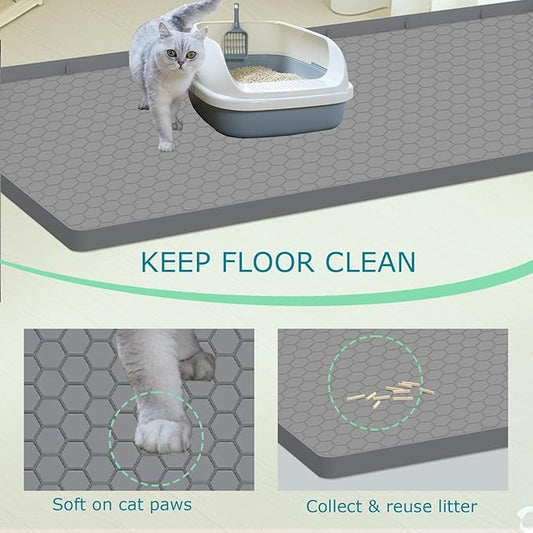 Cat Litter Mat, Silicone Large Cat Mat for Litter Box - 34x22 in, Waterproof & Non-Slip, Durable & Easy Clean, Grey