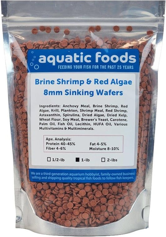 Aquatic Foods Inc. 8mm - 1/3" Brine Shrimp & Red Algae Color Enhancing Sinking Wafers for Shrimp, Snails, Crabs, Plecos, Catfish. Bottom and All Tropical Fish...WL…1-lb Foil Pouch Bag
