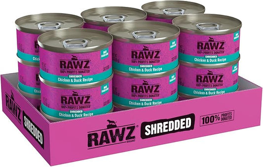 Rawz Natural Premium Shredded Canned Cat Wet Food - Grain Free Made with Real Meat Ingredients No BPA or Gums - 3oz Cans 18 Count (Chicken & Duck)