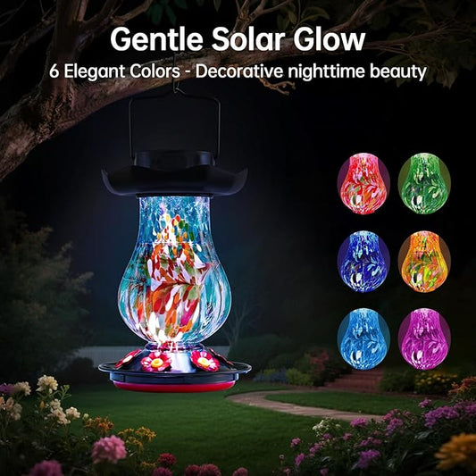 Solar Hummingbird Feeder for Outdoor - 25 fl.oz Hand Blown Glass Hummingbird Feeders for Outdoors Hanging, Large Capacity with Moat, 6 Colors Changing Light Outside Garden Decor (Blue)