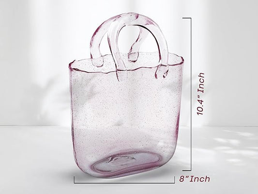 OLEEK Handmade Glass Purse Vase for Flowers and Drinks - 10 in - Cute Pink Centerpiece & Fish Bowl - Unique Handbag Flower Vase - Wide Mouth Decorative