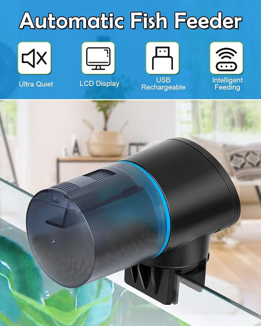 Automatic Fish Feeder for Aquarium - Rechargeable Fish Food Auto Dispenser Vacation Turtle Feeder with USB Charger Cable,LCD Screen, Customized Schedule (Blue)