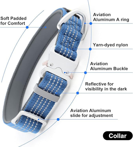 Plutus Pet Reflective Dog Collar with Aviation Aluminum Buckle, Neoprene Padded for Comfort, Lightweight, Heavy Duty Nylon Collar for Puppy Small Medium Large Dogs (Blue, XL)