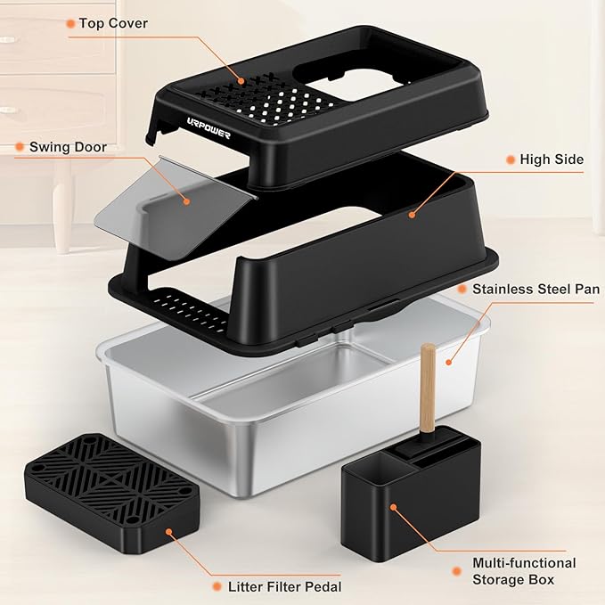 URPOWER Stainless Steel Cat Litter Box with Lid Extra Large Enclosed Litter Box for Cats Non-Sticky Metal Pan with High Sided Enclosure & Scoop, Front & Top Entry, Anti-Leakage, Easy Cleaning