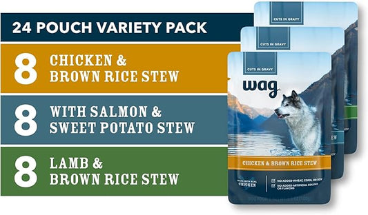 Amazon Brand - Wag Wet Dog Food Topper, Chicken, Lamb, and Salmon Stew in Gravy, 3.5 oz Pouches (Pack of 24)
