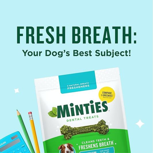 Minties Dental Chews for Dogs, 60 Count, Vet-Recommended Mint-Flavored Treats for Medium Dogs 25-50 lbs, Bones Clean Teeth, Fight Bad Breath, and Removes Plaque and Tartar