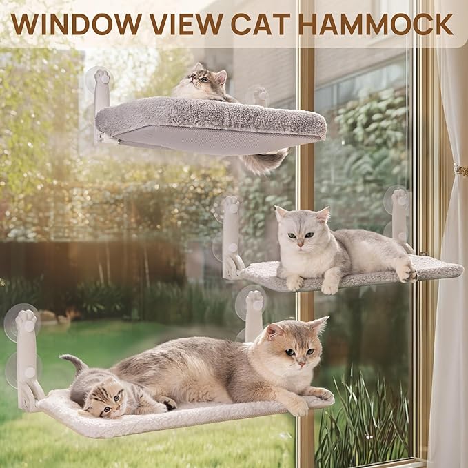 Mewoo 2PC Cat Window Perch, Cordless Window Hammock with Steel Frame and Removable Soft Cover, Embeded Cat Seat with 4 Strong Suction Cups (Grey, 2 Pack)