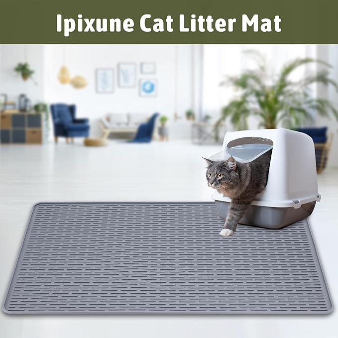 Rubber Cat Litter Mat, Indoor Kitty Litter Box Mat, Waterproof, Easy-to-Clean, Odorless, Textured Surface, Anti-Slip Design (L:34" x 22")