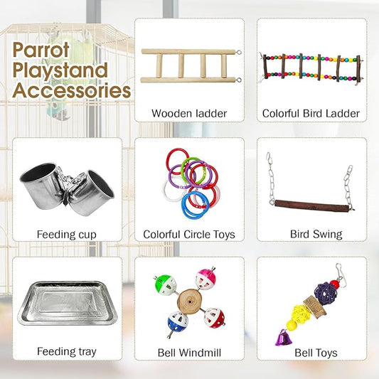 PINVNBY Bird Playground Parrot Playstand Play Gym Cockatiel Wood Bird Toys Birds Cage Accessories Playpen Ladder with Feeder Cups Hanging Swing Toys for Parakeet Conure Lovebird Cockatiel