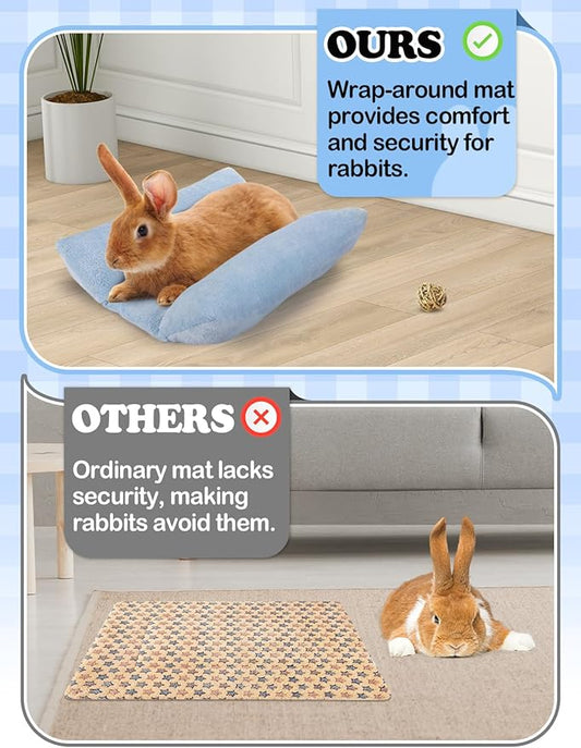 MEWTOGO 15.7 x 14In Rabbit Bed - Thickened Soft Bunny Concave Bed, Cuddle Cushion Plush Mat with Cotton Lounger Pillows, Small Pet Flop Mat for Cage Sleeping Indoor Bunny Gifts, Light Blue