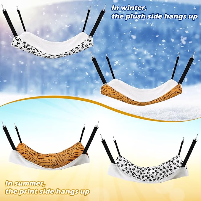 2 Pieces Reversible Cat Hanging Hammock Soft Breathable Pet Cage Hammock with Adjustable Straps and Metal Hooks Double Sided Hanging Bed for Small Dogs Rabbits(Zebra and Cat Paw Print,M)