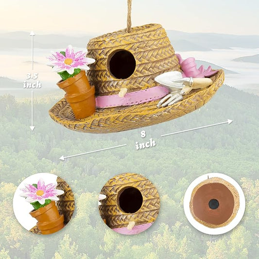 Yinns Birdhouse Hanging Bird Houses for Outside, Decorative Straw Hat Bird House Home Patio Garden Decor for Humming Bird, Bluebird, Wren Nesting