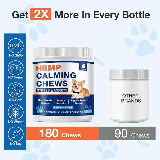 Hemp Calming Chews for Dogs - Dog Calming Chews - Anxiety Relief Treats Help with Composure, Separation, Barking, Thunderstorms, Stress Relief - Pet Supplement -180 Soft Treats Chicken Flavor