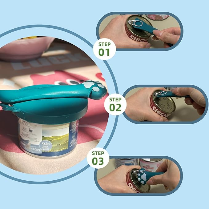 Pet Can Opener & 3 Pcs Cat Food Can Lids | Universal BPA Free Silicone Covers & Multi-Function Wet Food Spoon for Cat and Dog Food(Dark Blue)