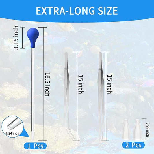 1 Pc 18.5 in Long Pipette with 2 Pc Stainless Steel Feeding Long Tweezers for Fish Tank Coral Food Feeder Long Syringe Aquarium Coral Feeding Tube for Marine Fish Reef Aquatic Plant