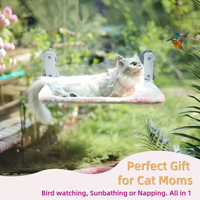 Foldable Cat Window Perch, Sturdy Cat Hammock with Strong Suction Cups for Large Cats, Cordless, Gradient Color Shiny Fabric, Cute Pet Seat Bed for Cats Indoor with Movable Toy Hooks (Large)