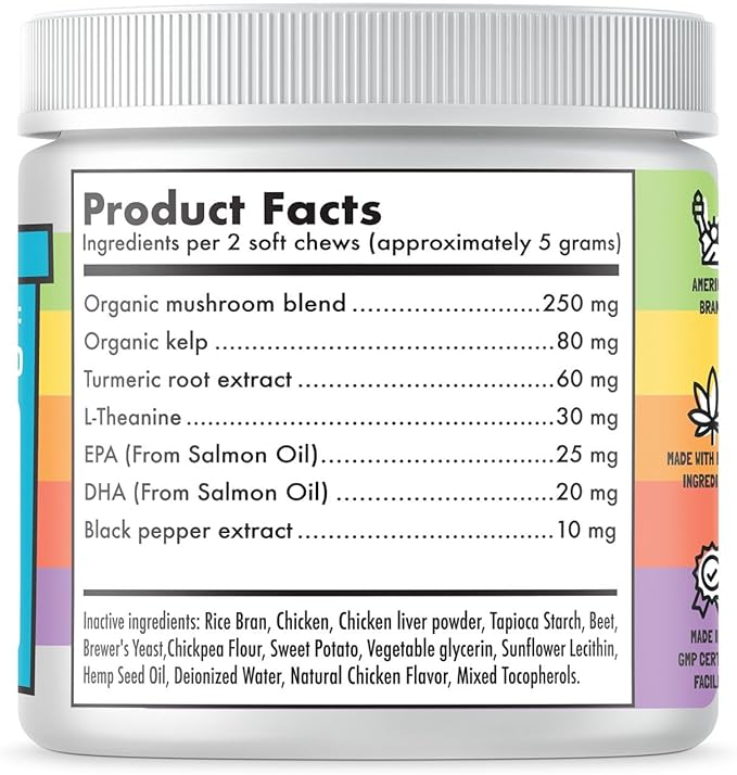 Mushroom Complex Treats for Dogs with Reishi, Shiitake, and Turkey Tail Mushrooms for Cognition and Immune Boosting Supports Digestive Health and Reduces Inflammation DHA EPA Turmeric Kelp (120pcs)
