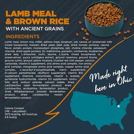 Blackwood Sensitive Skin & Stomach Dry Dog Food, Lamb Meal & Brown Rice with Ancient Grains, 4.5 Pound Bag with Prebiotics & Probiotics to Promote Gut Health