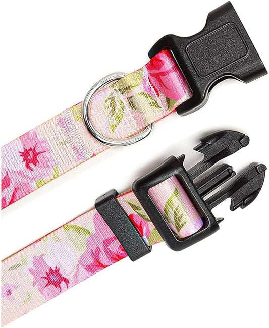 Dog Collar and Leash Set with Bohemia Floral Tribal Geometric Patterns - Soft Ethnic Style Collar Adjustable for Small Medium Large Dogs(Pink Rose Set,S)
