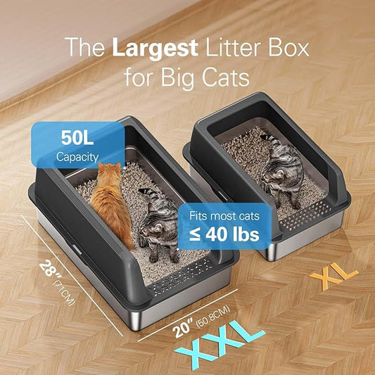 Zarler XXL Stainless Steel Litter Box for Cats, Extra Large Metal Cat Litter Box with Lid, High Sided Non-Stick Design, Leak Proof and Rust Resistant, 28 x 20 x 13 Inches, Grey
