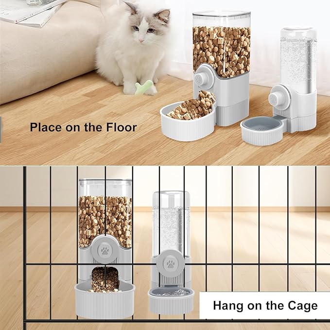 Hanging Cage Automatic Food Water Dispenser, Auto Gravity 1.2L Self-Feeding Feeder and 0.52L Waterer Set, Crate Auto Feeder Dish for Puppy Cats Ferret Bunny Guinea Pig Small Pets (Grey)