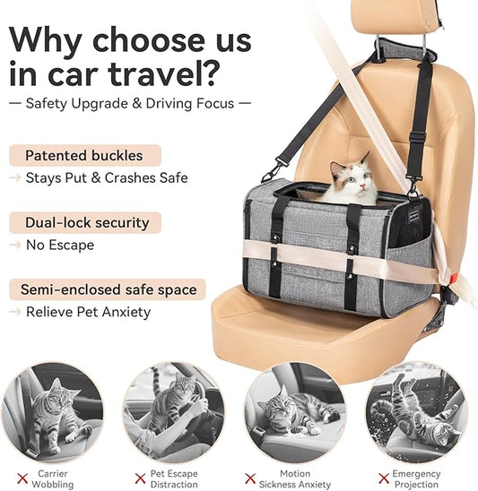 PETSFIT Soft-Sided Cat Carriers & Car Seats with Patent Safe Buckles, Clip-On Harness,18"x11"x11" Airline Approved Pet Carrier - 9 lbs Capacity,Grey