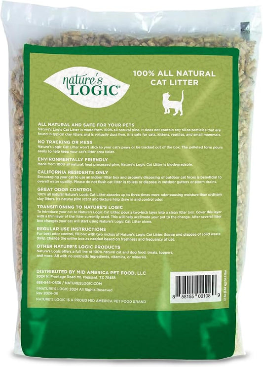 Nature's Logic 100% Natural Pine Pellet Cat Litter - 100% Ponderosa Pine, Dust-Free, Unscented, Biodegradable - Safe for Cats, Kittens, Reptiles & Small Pets - Highly Absorbent - 12 lb Bag