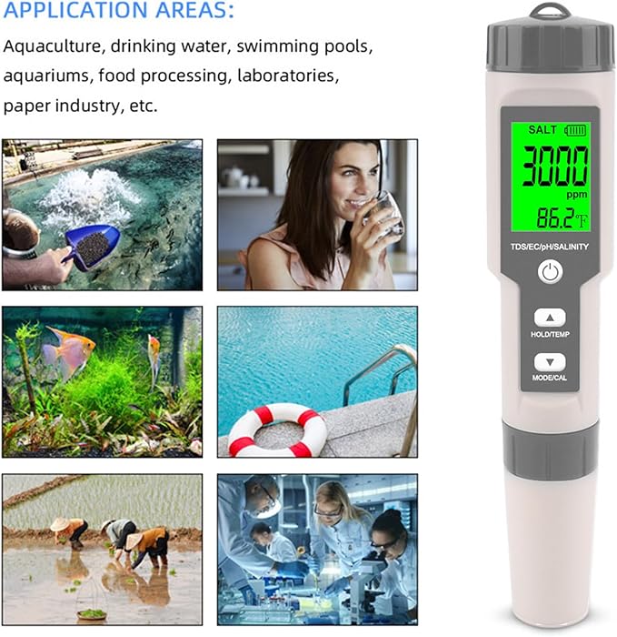 Aquarium Salt Tester -Pool Salt Tester, Versatile 5 in1 Salinity, PH, TDS, EC, and Temperature Meter, Digital Salinity Tester for Saltwater Aquarium, Accurate Salinity Meter,Grey