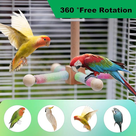 24 Inch Bird Perch Rope with 360° Free Rotating Stand, 0.8 Inch Diameter Natural Cotton Rope Perch for Parakeets, Cockatiels, Parrots, Conures - Safe, Durable Bird Cage Accessory for Chewing & Resting