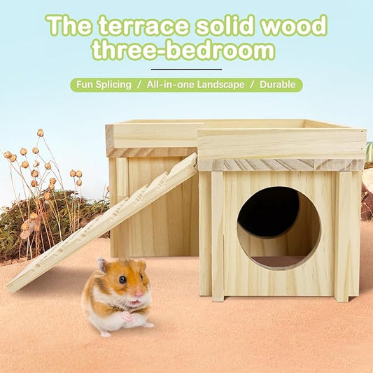 BNOSDM Wooden Hamster Hideout Dwarf Hamster Wood House with Ladder Gerbils Climbing Exploring Toys Cage Accessories for Syrian Hamsters Mice and Other Small Pets