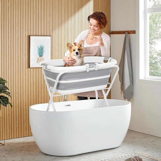 B1 2 in 1 Dog Bath Tub Dog Washing Station with Bath Brush for Bathing and Grooming, Elevated Collapsible Foldable Portable Shower Bathtub for Small Dogs Cats Pet, Indoor and Outdoor