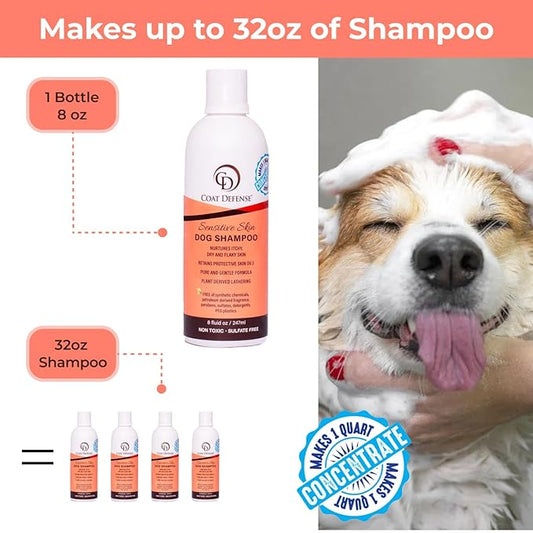 COAT DEFENSE Sensitive Dogs Shampoo | Made in USA | All-Natural Hypoallergenic - Soothes and Relieves Itchy & Dry Skin | 8 Ounces Concentrated Makes 32 Ounces