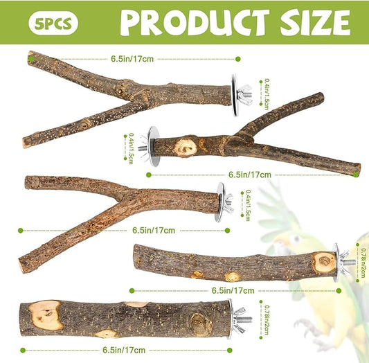 Natural Wood Bird Perches for Cage, Parrot Perch Stand & Platform, Bird Cage Accessories for Parakeets, Cockatiels, Conures, Lovebirds (Brown, Essential Perch Bundle - 5PCS)