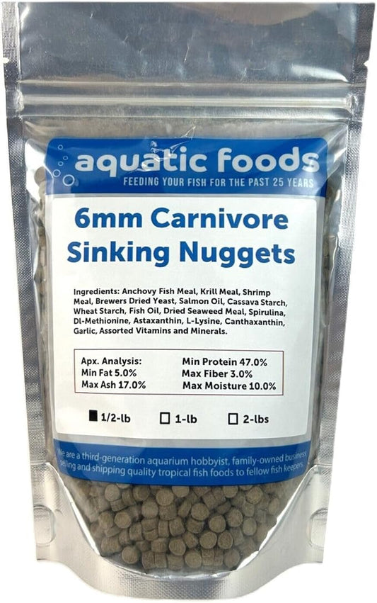 Aquatic Foods Inc. 6mm - 1/4" Carnivore Sinking Pellets for Carnivore Cichlids, Catfish, Monster Fish, Bottom Grazers, All Medium to Large, Also Koi & Pond Fish. - WL…1/2-lb Foil Pouch Bag