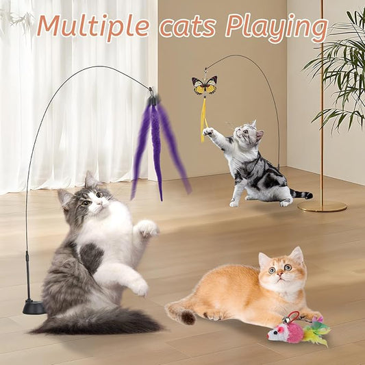 Suction Cup Cat Toys,Interactive Cat Wand with 15Pcs (Feather, Mouse, Butterfly, Worm),Durable Cats Fishing Pole Toy for Indoor Kittens,Fun Stick Toy for Exercise&Play