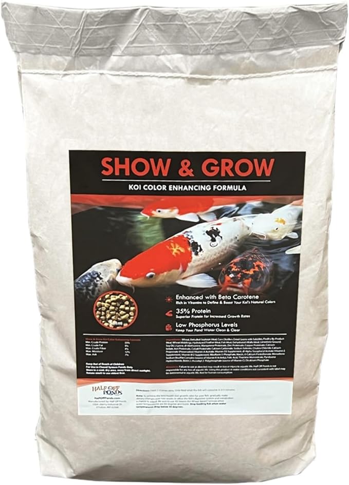HALF OFF PONDS Show & Grow Koi Fish Food - 10 lb Floating Pellets, 3mm Size - Goldfish Food for Ponds - 35% Protein with Beta Carotene & Vitamins - Enhances Color Vibrancy & Body Definition