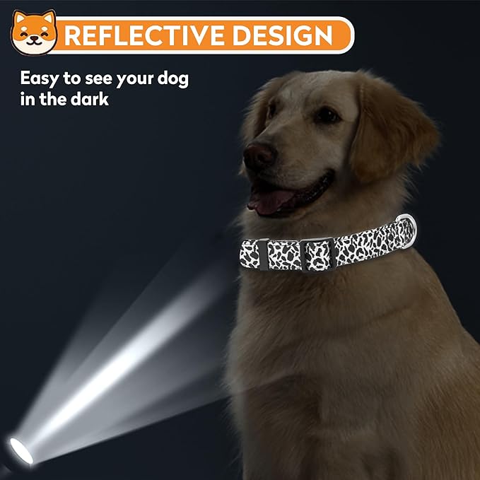 Reflective Dog Collar, Adjustable Soft Neoprene Padded Nylon Pet Collars with Buckle for Puppy and Small Dogs, Cats, Black White Cow,L