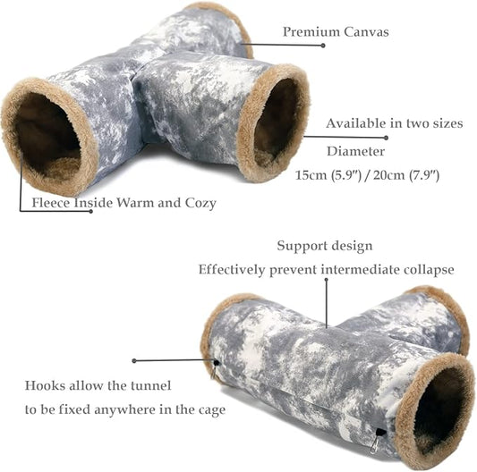 LeerKing Guinea Pig Tunnel 3 Way, Small Animal Hideout Toy Washable Canvas Fleece Tube Play Tunnel for Rats Ferret Bunny Gerbil Sugar Glider Chinchilla, Grey L