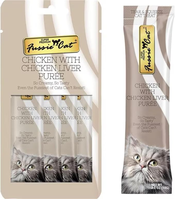 Fussie Cat Premium Puree Lickable Cat Treats in Chicken Puree, 4 Flavors, 4 Packs of 4-0.5oz Tubes (16 Total Tubes) +Lid