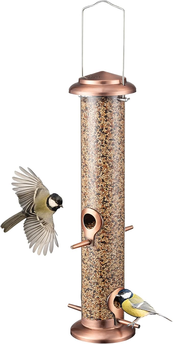 iBorn Metal Bird Feeders Metal Bird Feeder Copper for Outdoors Hanging All Metal Copper Finishing 14 Inch 4Port(Seed is not Included)