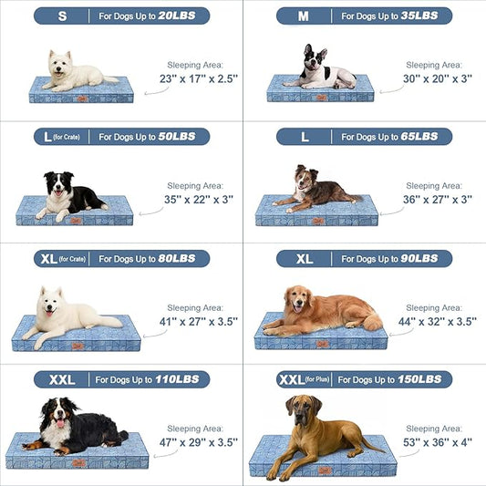 Outdoor Extra Large Dog Bed, Jumbo Waterproof Dog Bed for Large Size Dogs, Orthopedic Egg Foam Pet Bed Mat with Removable Oxford Cooling Cover, White Blue