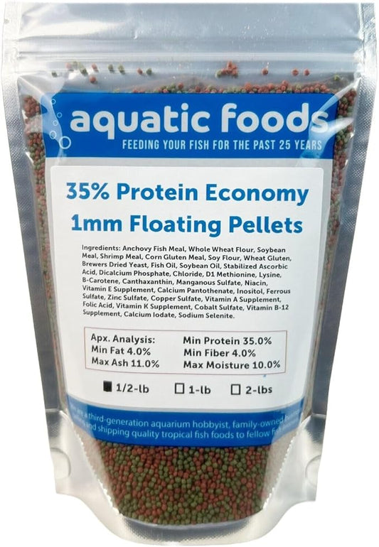 Aquatic Foods Inc. 1mm - 1/32, 35% Protein Economy Floating Pellets for All Community Fish, Tetras, Guppies, Angel Fish, Cichlids, Goldfish. All Tropical Fish - WL…1/2-lb Foil Pouch Bag