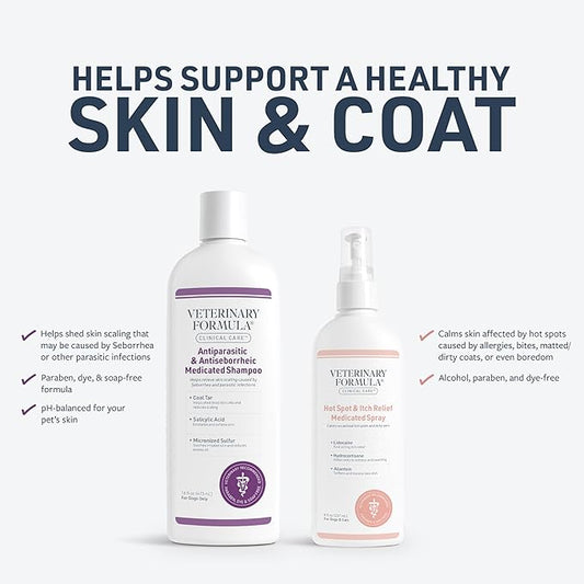 Veterinary Formula Clinical Care Antiparasitic & Antiseborrheic Medicated Dog Shampoo & Clinical Care Hot Spot & Itch Relief Medicated Spray, 8oz