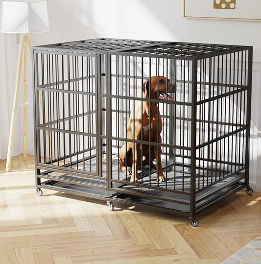 54/48/42/38 inch Heavy Duty Indestructible and Escape-Proof Dog Crate Cage Kennel for Large Dogs, High Anxiety Dog Crate with Removable Wire Trays and Wheels, Extra Large XL XXL