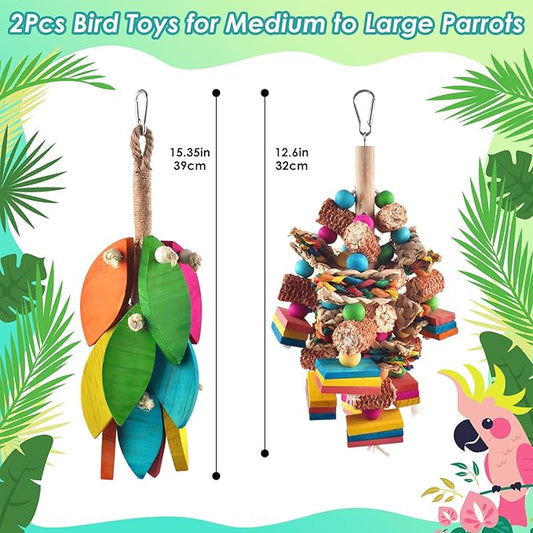 2 Pcs Large Bird Toys, Natural Corn Cob Parrot Chew Toy, Multicolored Leaf-Shaped Chewing Wood Blocks for Large and Medium-Sized Macaws, Cockatoos, Amazon Parrots, African Grey