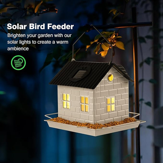 Solar Bird Feeder for Outdoors Hanging, Squirrel Proof Bird Feeders, Metal Solar Bird Feeder House, Wild Bird Feeders for Finch Cardinal Chickadee, Large Capacity, Durable & Weatherproof