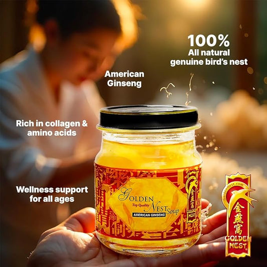 Golden Nest Premium Bird Nest Soup, Swallow Bird Nest 100% Natural - Made in USA, (燕窩) 6 bottles x 75ml (2.5 oz.) (1 box = 6 bottles x 75ml, Ginseng)