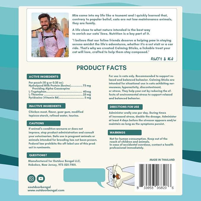 ALBERT & MIA Calming Sticks Lickable Cat Calming Treats - Stress & Cats Anxiety Relief - Irresistible - Vet Cat Calm Supplement Care (Kitten Sleep Aid, Grooming, Car Rides, Travel) 20 Pack