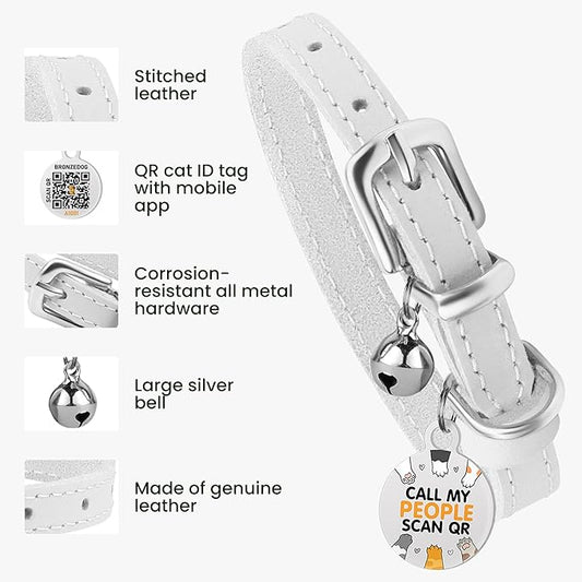 BRONZEDOG Leather Cat Collar with Removable Bells Non Breakaway Kitten QR Tag for Girl Boy (7" - 9" for Cats, White & Silver)